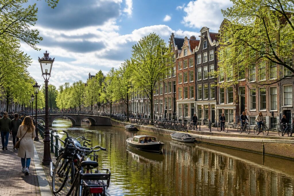 Canal in Amsterdam with traditional houses, people walking and cycling, partly cloudy sky, and calm water reflecting the scene.