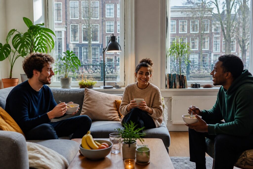 A bright living room in an Amsterdam apartment with young adults interacting and a view of canal houses outside.