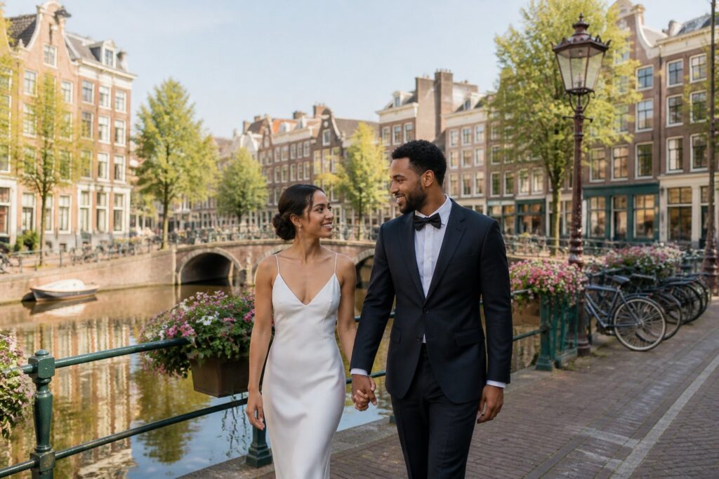 A couple walking hand-in-hand along an Amsterdam canal with traditional buildings and a bridge in the background.