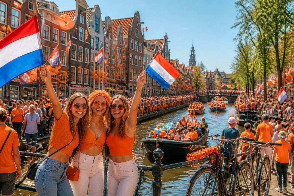 People celebrating Dutch festivities on a sunny street in Amsterdam with orange decorations, traditional buildings, bicycles, and boats along a canal.