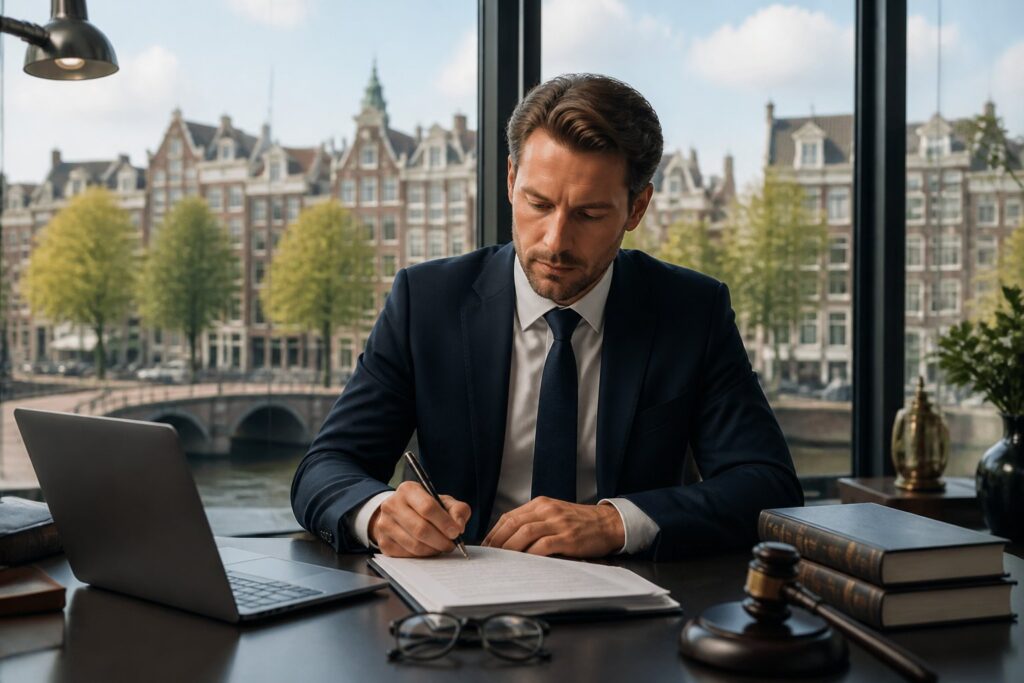 A lawyer working at a desk with legal documents and a laptop, with a view of Amsterdam canals and historic buildings through a large window.