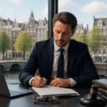 A lawyer working at a desk with legal documents and a laptop, with a view of Amsterdam canals and historic buildings through a large window.