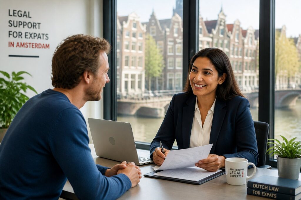 A lawyer and an expat client having a friendly consultation in an office with a view of Amsterdam canals and buildings.