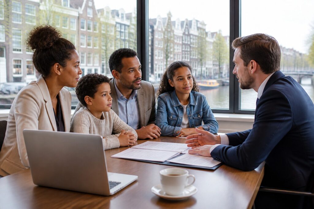 A family of four talking with a legal advisor in an office with a view of Amsterdam canals.