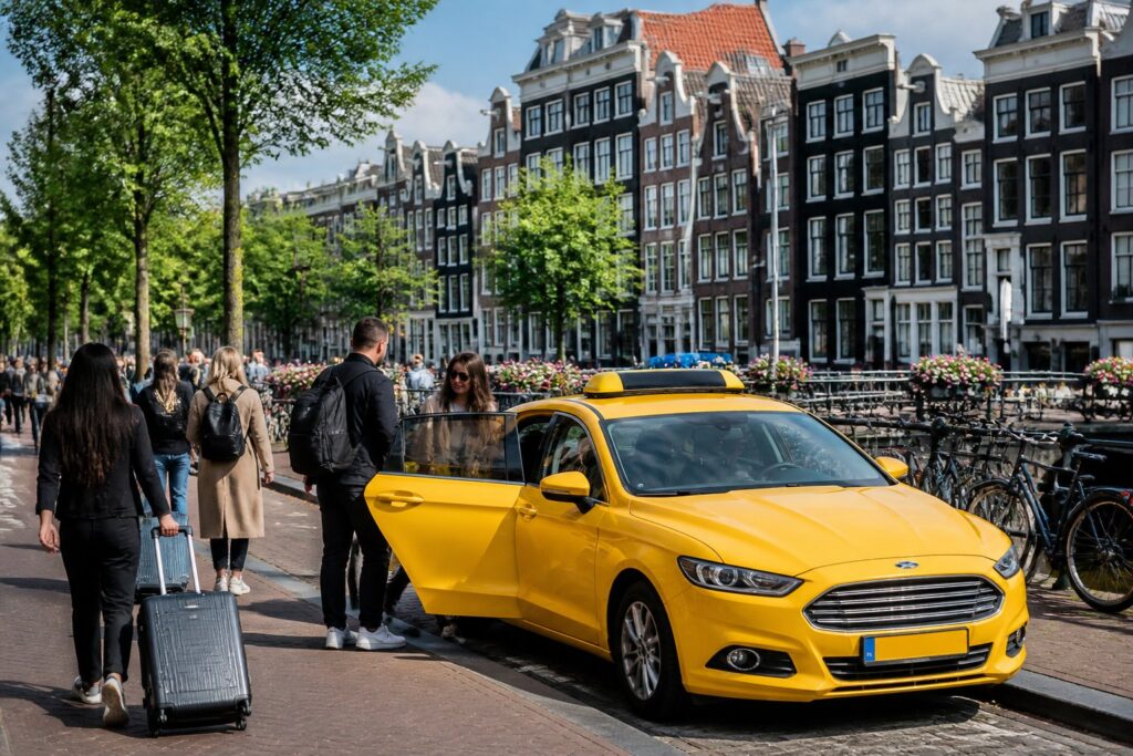 A yellow taxi parked on a busy Amsterdam street with passengers boarding, surrounded by canal houses and bicycles.