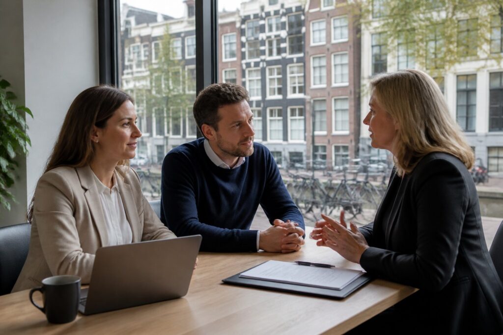An expat couple discussing legal documents with a mediator in a bright office overlooking Amsterdam canal houses.