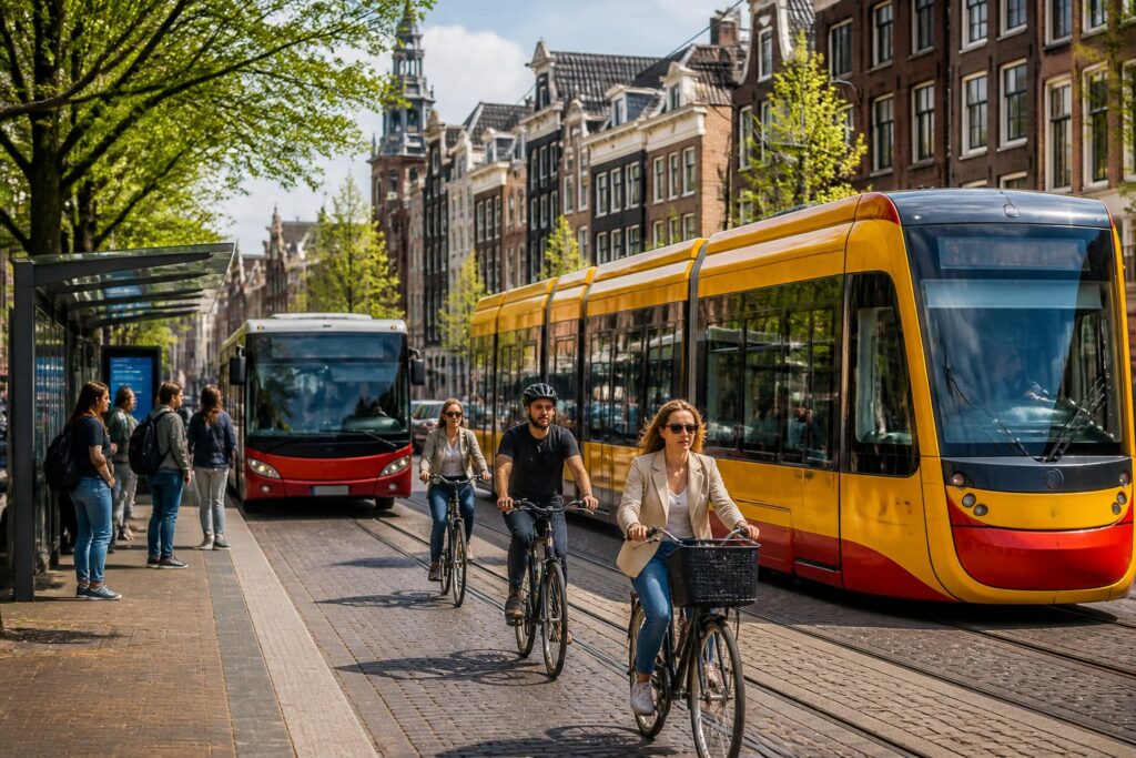 A yellow and red tram and a city bus stopped on a cobblestone street in Amsterdam with canal houses and cyclists nearby.