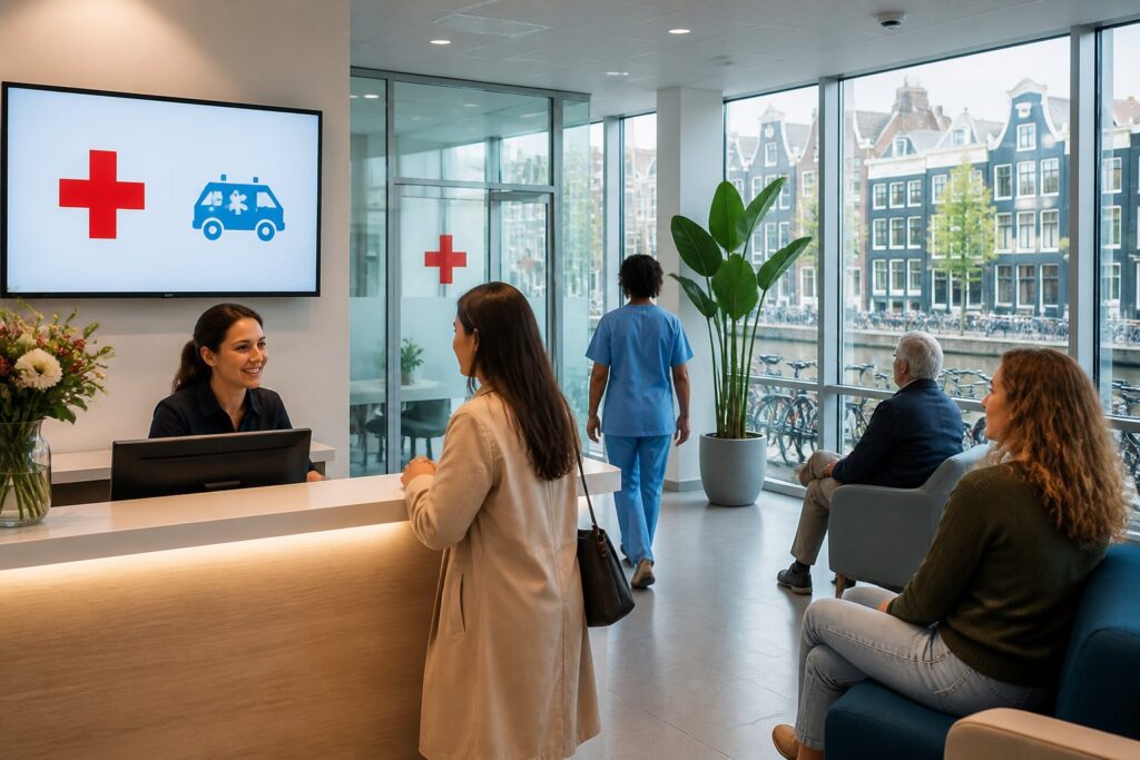A modern urgent care reception area in Amsterdam with medical staff assisting a patient and a cityscape with canal houses visible through large windows.