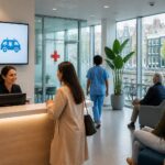 A modern urgent care reception area in Amsterdam with medical staff assisting a patient and a cityscape with canal houses visible through large windows.
