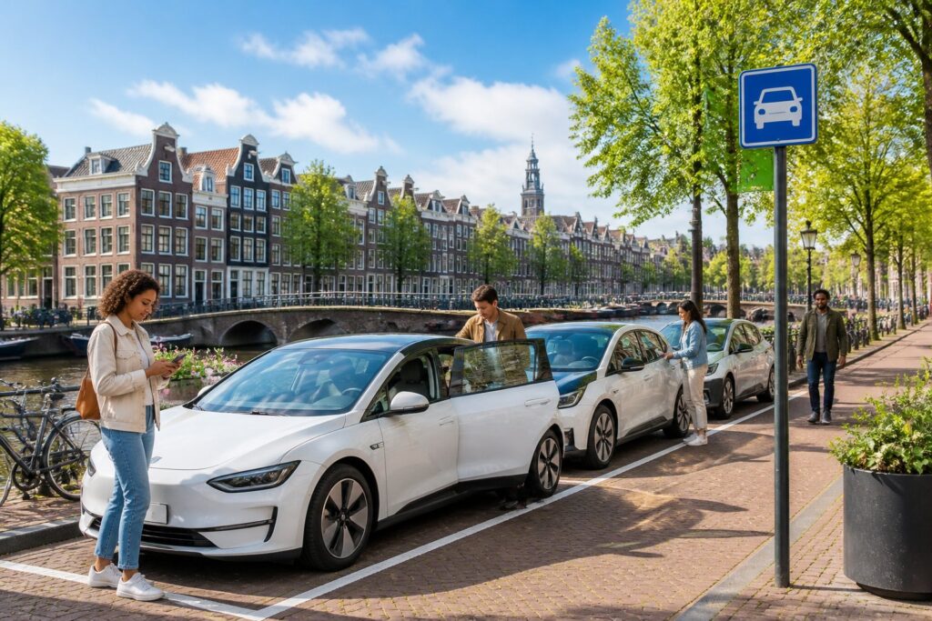 People using electric cars parked by a canal with traditional Amsterdam buildings and bicycles nearby.
