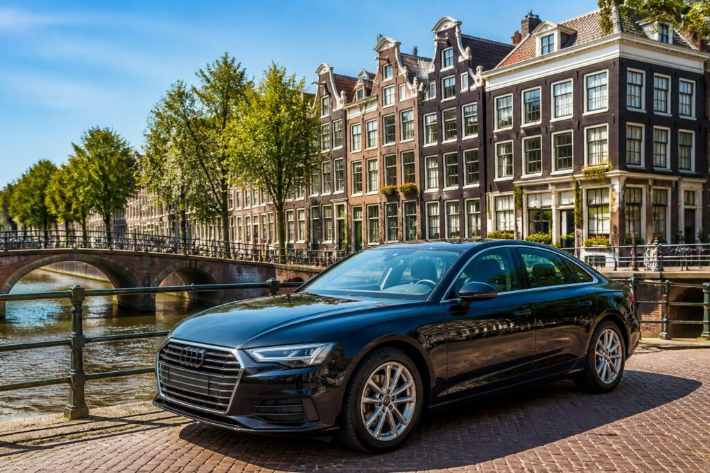 A modern car parked on a cobblestone street in Amsterdam near a canal with traditional buildings and bridges in the background.