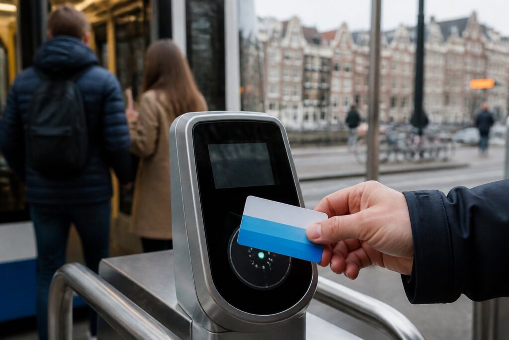 A person holding a public transport smart card near a card reader at a tram entrance in Amsterdam with blurred passengers and urban elements in the background.