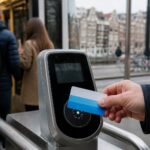 A person holding a public transport smart card near a card reader at a tram entrance in Amsterdam with blurred passengers and urban elements in the background.