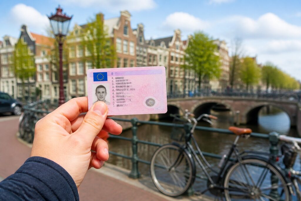 A person holding a European-style driver's license with blurred Amsterdam canal houses and bicycles in the background.
