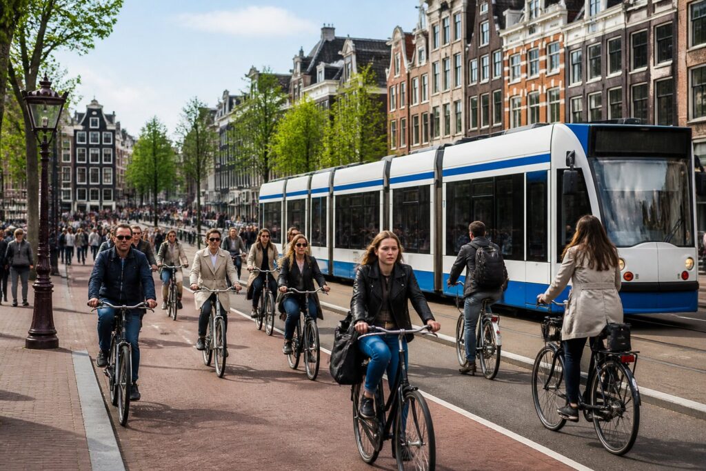 A busy Amsterdam street with cyclists on a bike lane, a tram passing by, and canal houses in the background.