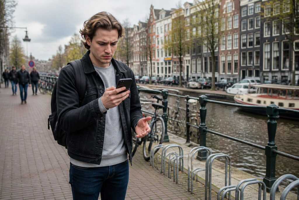 A person standing on an Amsterdam street near a canal, looking at their smartphone with empty bike racks nearby.
