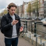 A person standing on an Amsterdam street near a canal, looking at their smartphone with empty bike racks nearby.