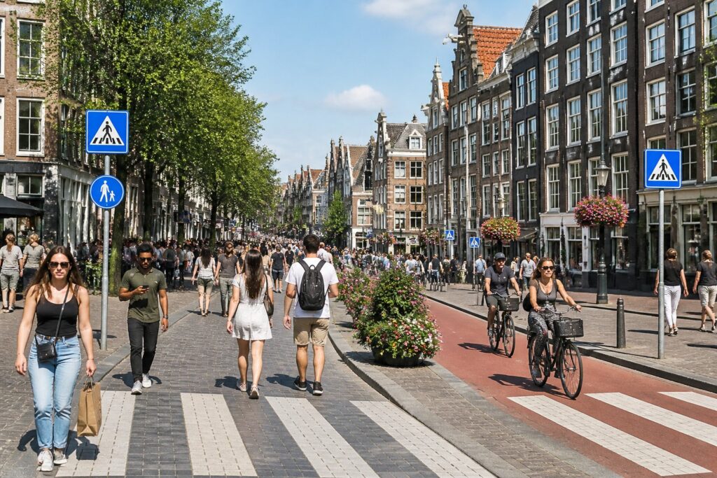 People walking and cycling along a busy street in Amsterdam with traditional buildings and marked pedestrian crossings.
