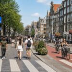 People walking and cycling along a busy street in Amsterdam with traditional buildings and marked pedestrian crossings.