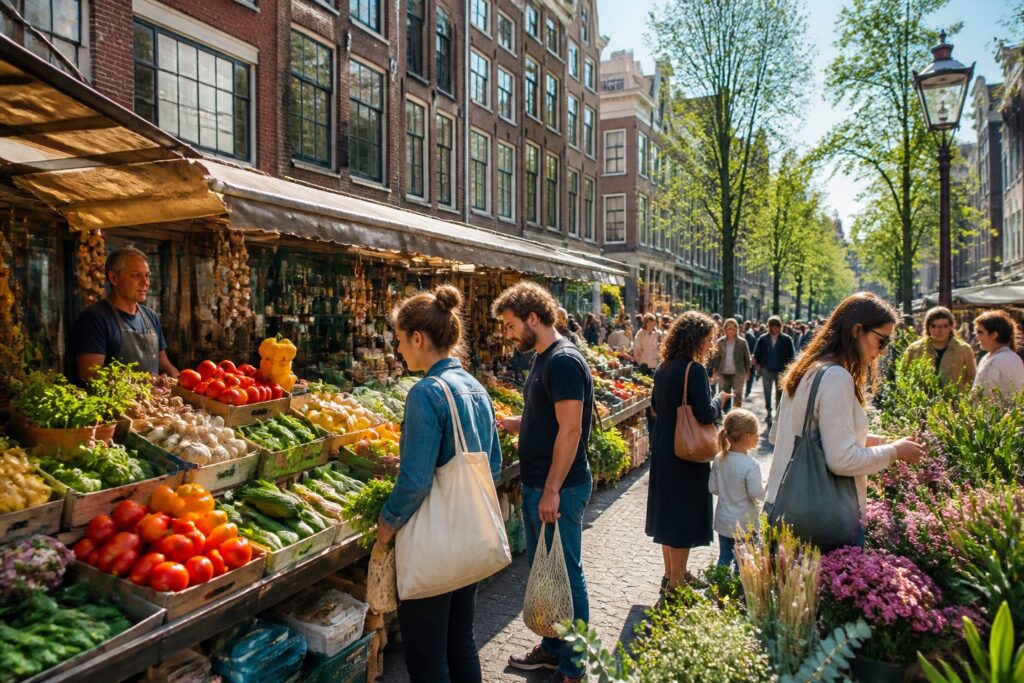 People shopping for fresh fruits and vegetables at an outdoor market in Amsterdam with traditional buildings in the background.