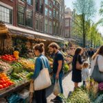 People shopping for fresh fruits and vegetables at an outdoor market in Amsterdam with traditional buildings in the background.
