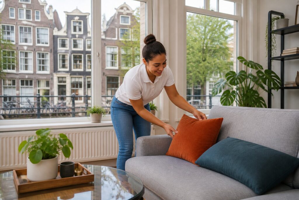 A friendly woman tidying a bright, modern apartment with large windows showing Amsterdam canal houses and bicycles outside.