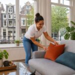 A friendly woman tidying a bright, modern apartment with large windows showing Amsterdam canal houses and bicycles outside.