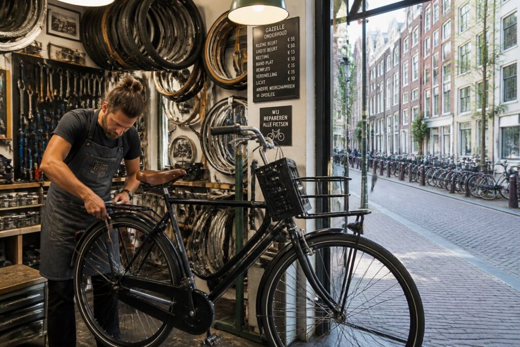 A bike repair shop in an Amsterdam neighborhood with a mechanic fixing a bicycle and colorful buildings visible outside.