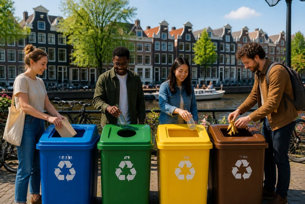 People sorting waste into colorful recycling bins on a street with canal houses and bicycles in Amsterdam.