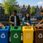 People sorting waste into colorful recycling bins on a street with canal houses and bicycles in Amsterdam.