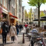 A busy Amsterdam street with historic buildings, people shopping, outdoor cafés, and bicycles parked along the cobblestone road.