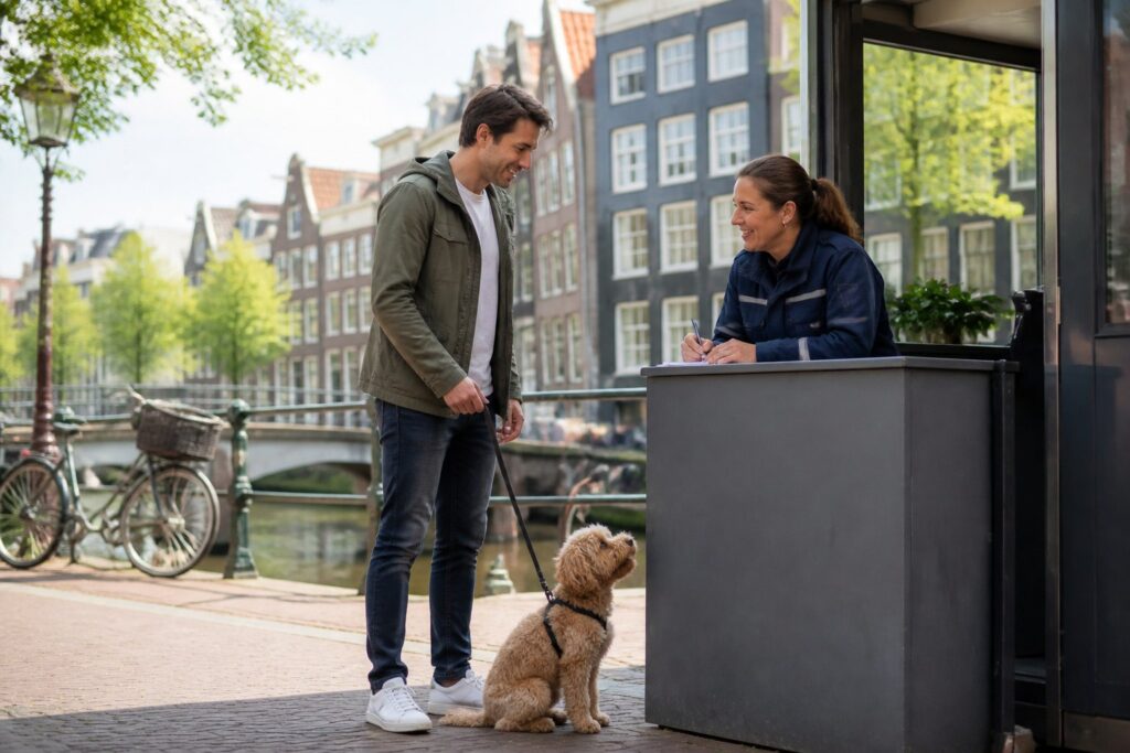 A person with a small dog near an Amsterdam canal with buildings and bicycles in the background.