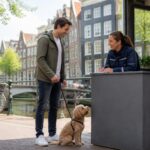 A person with a small dog near an Amsterdam canal with buildings and bicycles in the background.