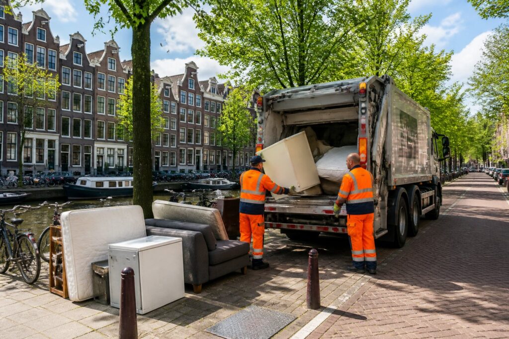 A street in Amsterdam with bulky trash items on the sidewalk and workers loading them into a garbage truck near canal houses.