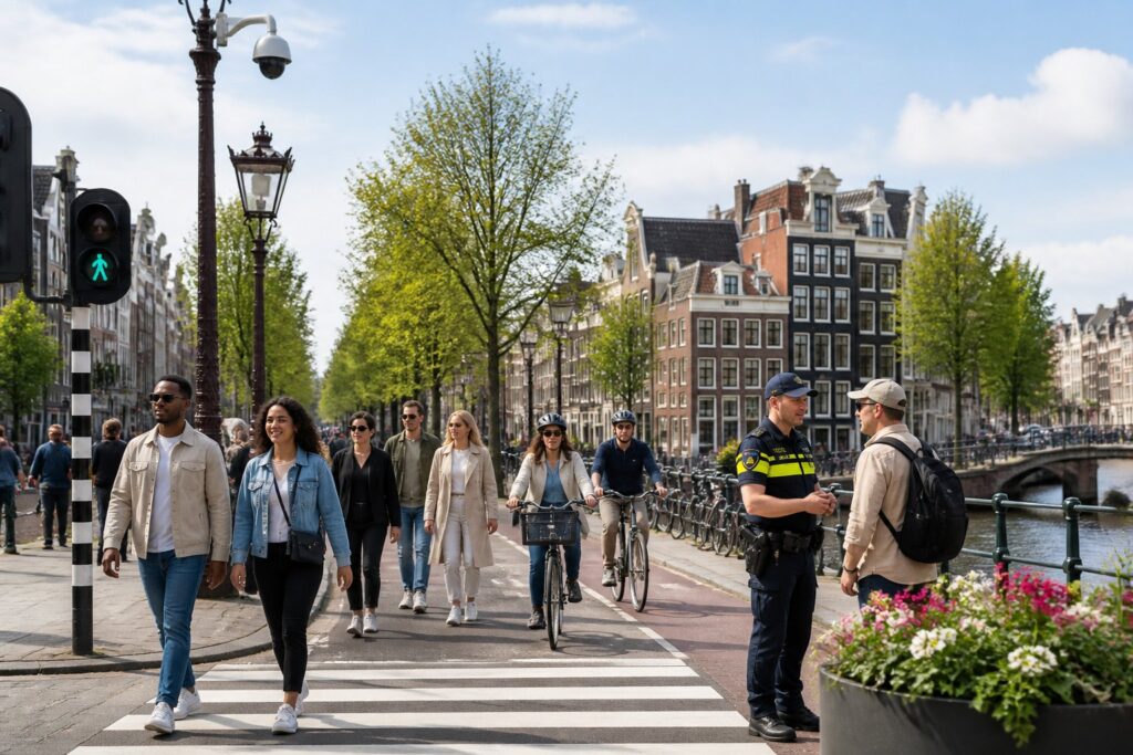 People walking and cycling safely along a canal in Amsterdam with classic buildings and a police officer talking to a tourist.