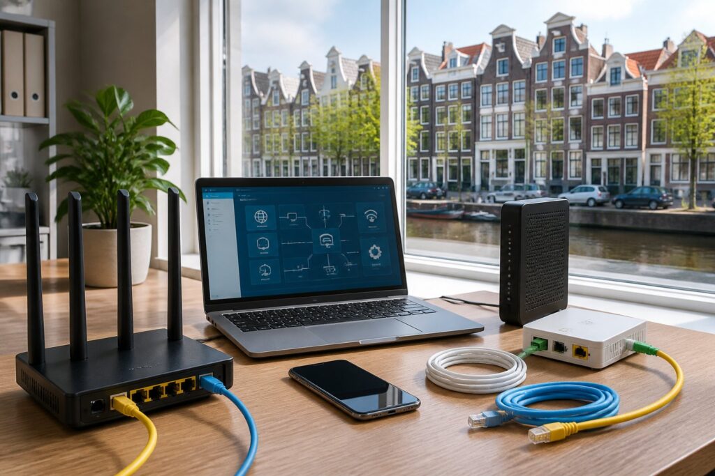 A modern home office desk with a laptop, smartphone, and networking devices, overlooking Amsterdam canals and traditional houses through a large window.