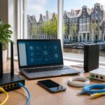 A modern home office desk with a laptop, smartphone, and networking devices, overlooking Amsterdam canals and traditional houses through a large window.