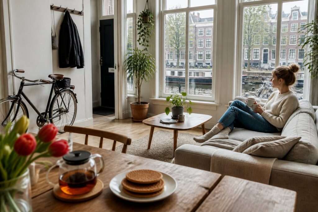 A person sitting on a sofa in a bright living room with large windows overlooking Amsterdam canals and traditional houses, with a bicycle near the entrance and a table with stroopwafels and tea.