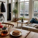 A person sitting on a sofa in a bright living room with large windows overlooking Amsterdam canals and traditional houses, with a bicycle near the entrance and a table with stroopwafels and tea.