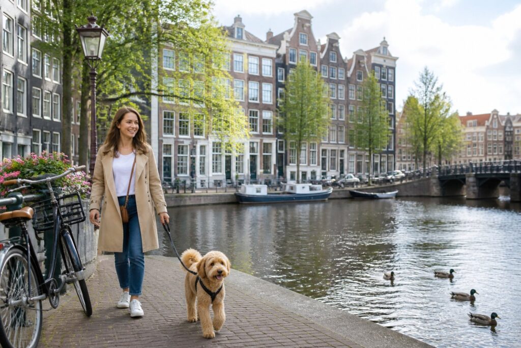 A person walking a dog along a canal with traditional Amsterdam buildings in the background.