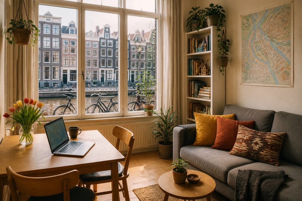 Cozy Amsterdam apartment interior with a view of canal houses and bicycles outside the window.