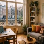 Cozy Amsterdam apartment interior with a view of canal houses and bicycles outside the window.