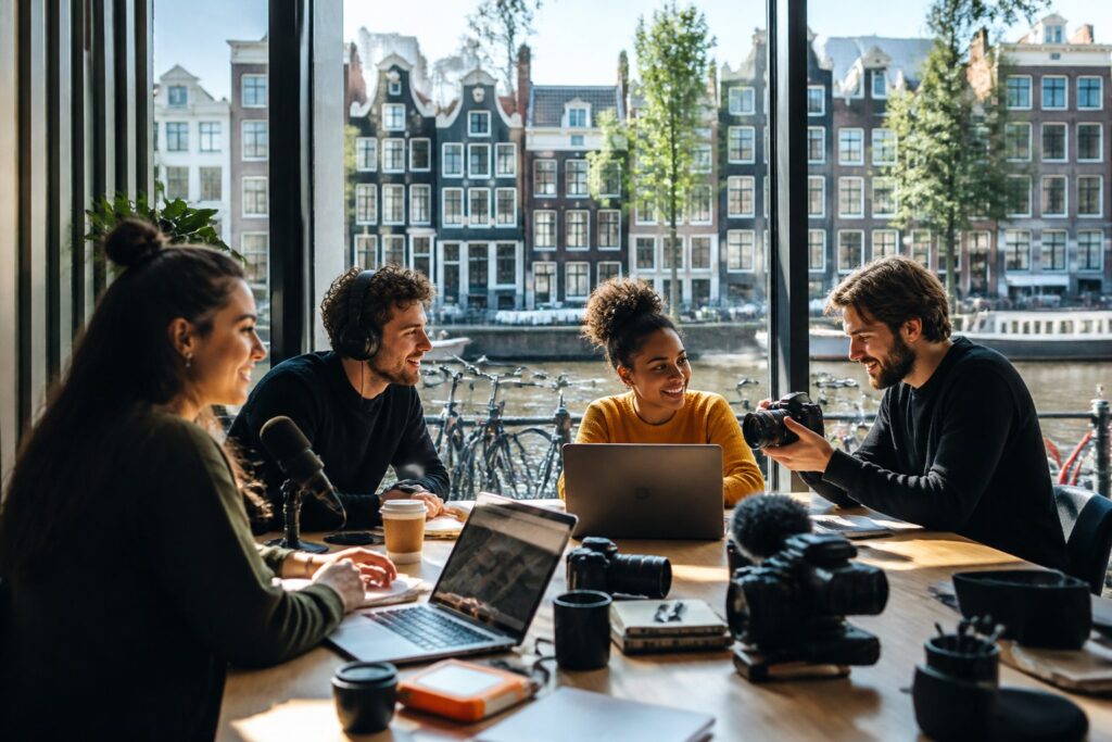 A group of young professionals working with media equipment in a bright workspace overlooking Amsterdam canals and historic buildings.