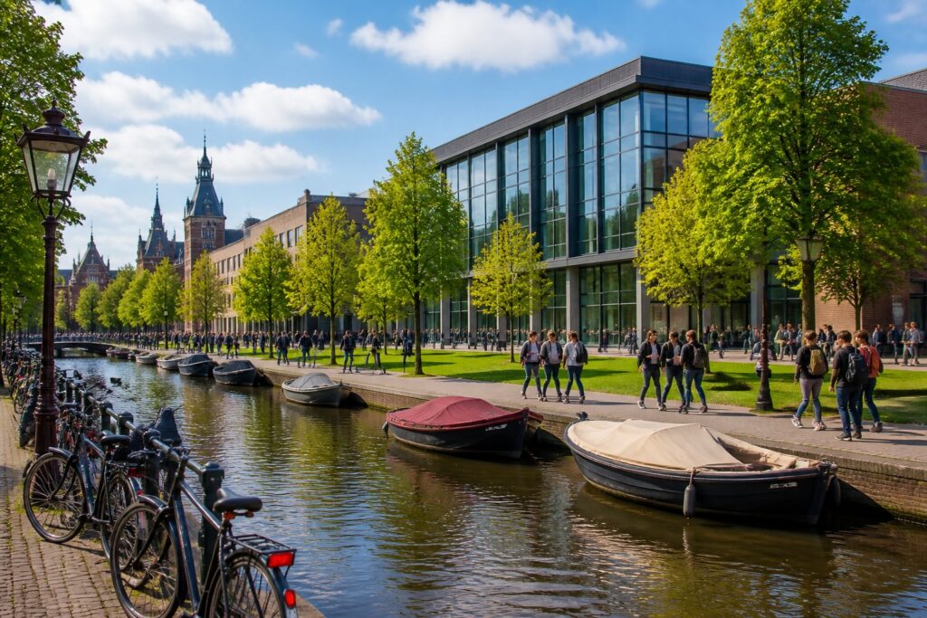 University campus in Amsterdam with modern buildings, students walking, bicycles parked, and a canal nearby under a clear sky.