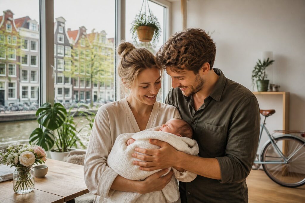 A young couple holding their newborn baby in a bright apartment with windows showing Amsterdam canal houses outside.