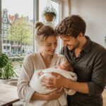 A young couple holding their newborn baby in a bright apartment with windows showing Amsterdam canal houses outside.