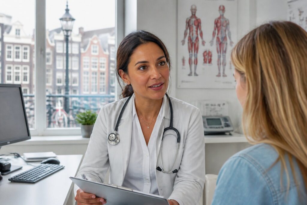A medical specialist in a white coat standing in a bright medical office with a view of Amsterdam buildings outside the window.