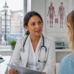 A medical specialist in a white coat standing in a bright medical office with a view of Amsterdam buildings outside the window.