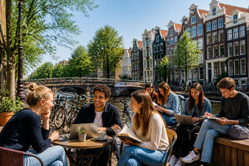 A group of students sitting and talking by a canal in Amsterdam with bicycles and traditional houses in the background.