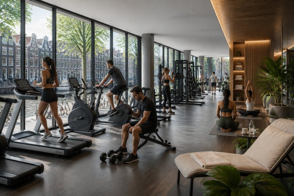 Interior of a modern gym and wellness club with people exercising and relaxing, with windows showing Amsterdam canals and buildings.